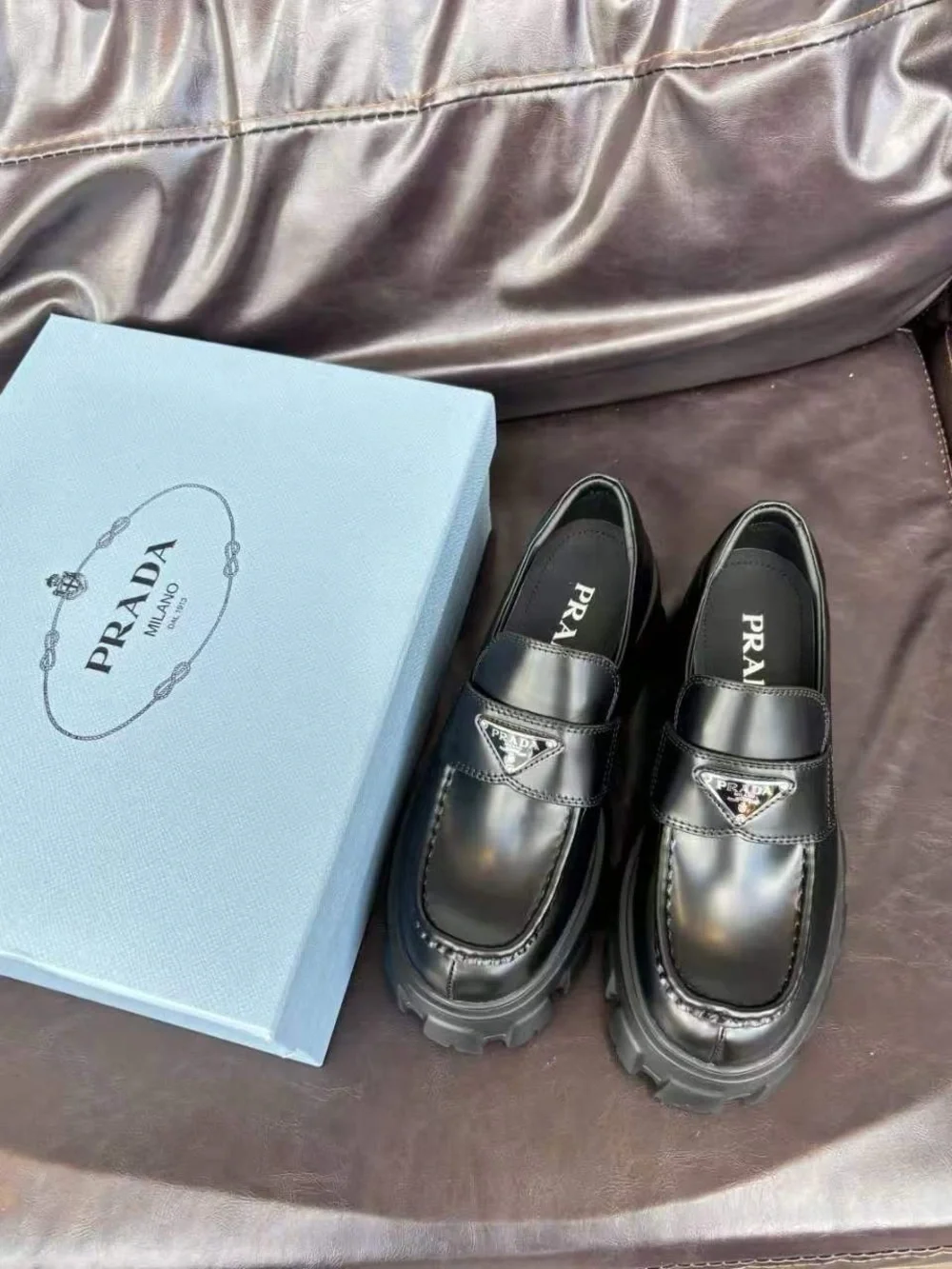 Prada Black Leather Lug-Sole Loafers